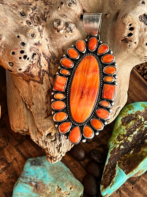 Handcrafted Sterling Silver and Spiny Oyster Shell Cluster Pendant by Loretta Delgarito