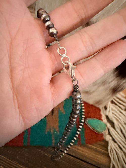 Handcrafted Turquoise & 5mm Sterling Silver Pearl 18” Beaded Necklace