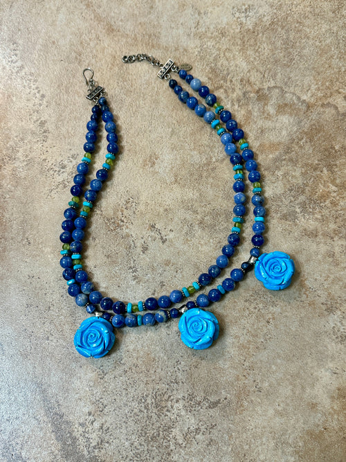 Turquoise, Sodalite 3 Roses Beaded Necklace