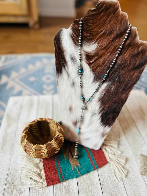 Handcrafted Turquoise & Sterling Silver Pearl 6mm Beaded Lariat Necklace 20"