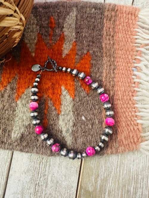 Navajo Pink Mojave and Sterling Silver Pearl Beaded Bracelet