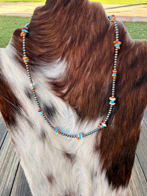 Handcrafted Turquoise, Spiny & Sterling Silver Pearl 18” Beaded Necklace
