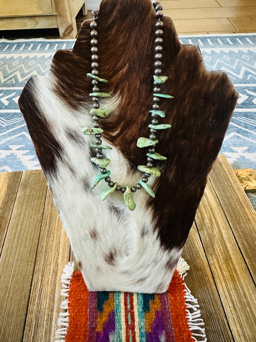 Old Pawn Handcrafted Turquoise & Sterling Silver Beaded 16” Necklace