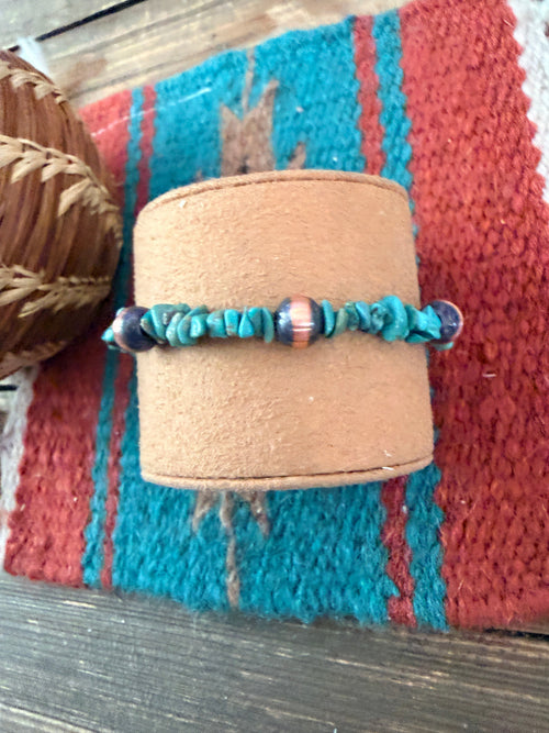 Handcrafted Turquoise & Copper Beaded Bracelet 7.5”