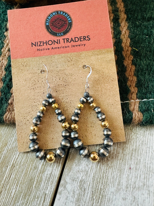 Navajo Gold & Sterling Silver Pearl Beaded Dangle Hoop Earrings