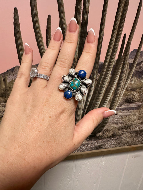 Beautiful Handmade Sonoran Mountain Turquoise, Wild Horse, Lapis And Sterling Silver Adjustable Ring