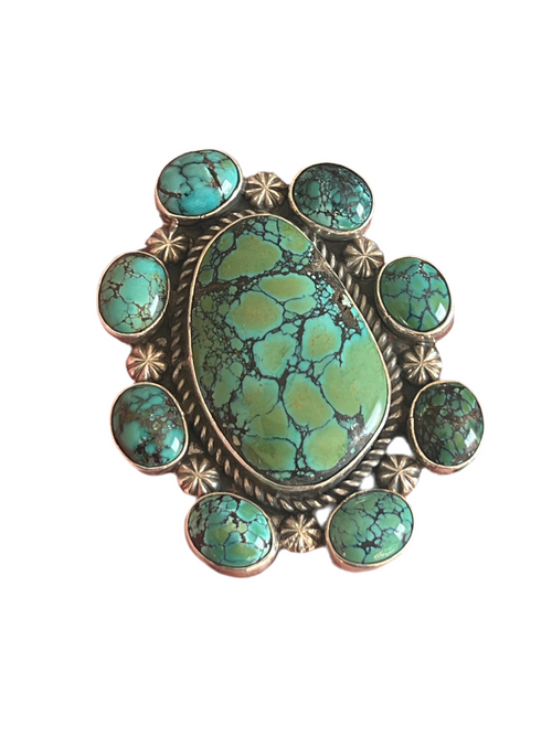 Apache Sterling Silver and Hubei Turquoise Cluster Ring by Rosella Paxson, Size 8.5