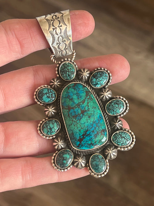 Apache Made Sterling Silver, Hubei Turquoise & Chrysocolla Cluster Pendant by Rosella Paxson