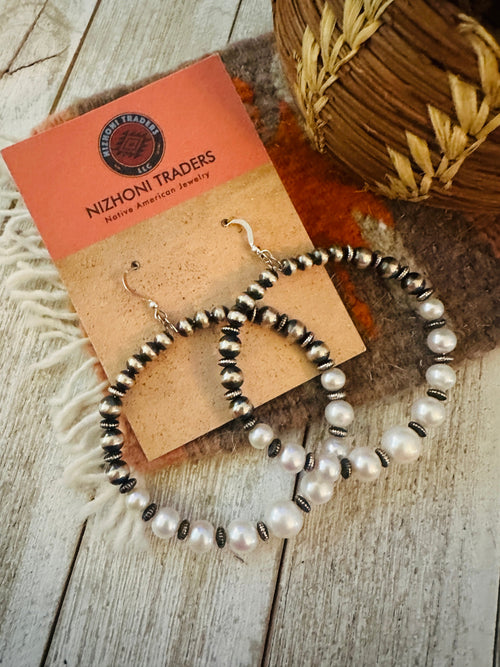 Navajo Pearl & Sterling Silver Pearl Beaded Dangle Hoop Earrings