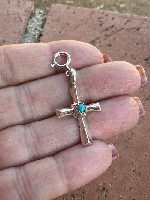 Navajo Crafted Sterling Silver and Turquoise Hand Stamped Cross Charm