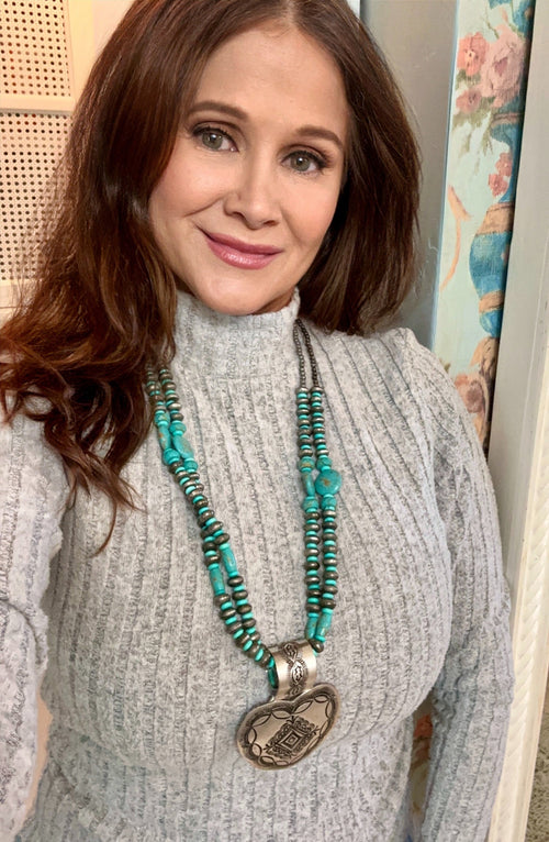 Silver-Plated Brass Heart & Two Strand Blue Accent Beaded Necklace