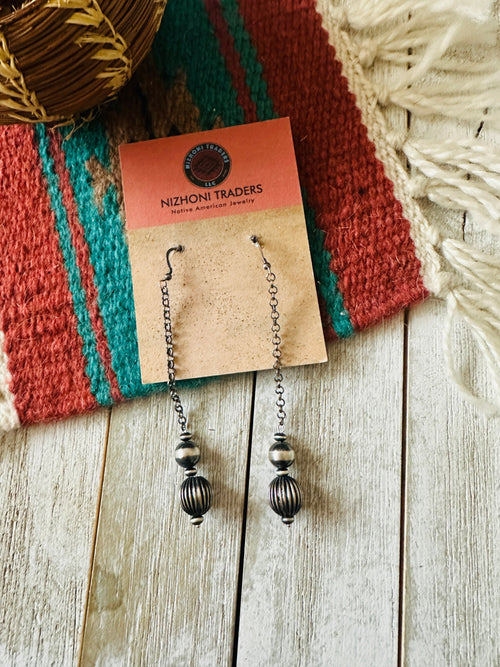 Navajo Sterling Silver Chain Beaded Dangle Earrings