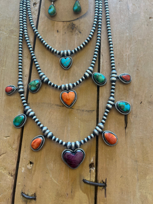 Navajo Made Sterling Silver Electric Rainbow Triple Layer Beaded Drop & Heart Necklace by Loretta Delgarito