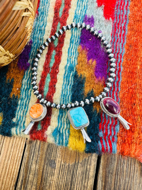 Handcrafted 3mm Sterling Silver Pearl, Turquoise & Spiny Oyster Blossom Stretch Bracelet