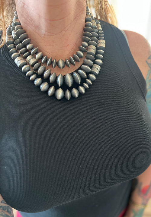 Navajo Sterling Silver Single Strand Beaded Statement Necklace by Rose Martin, 16” + 2”