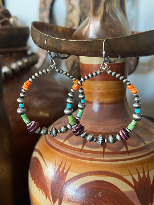 Navajo Made Electric Rainbow 2 Inch Sterling Silver, Turquoise & Spiny Oyster Beaded Hoop Earrings, Leverback