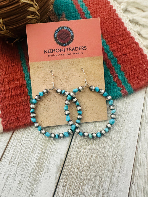 Handcrafted Turquoise & Sterling Silver Beaded Dangle Hoop Earrings