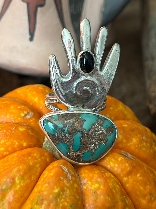 Handcrafted Sterling Silver, Turquoise and Black Onyx Hand Ring by Jay Coriz, Size 8