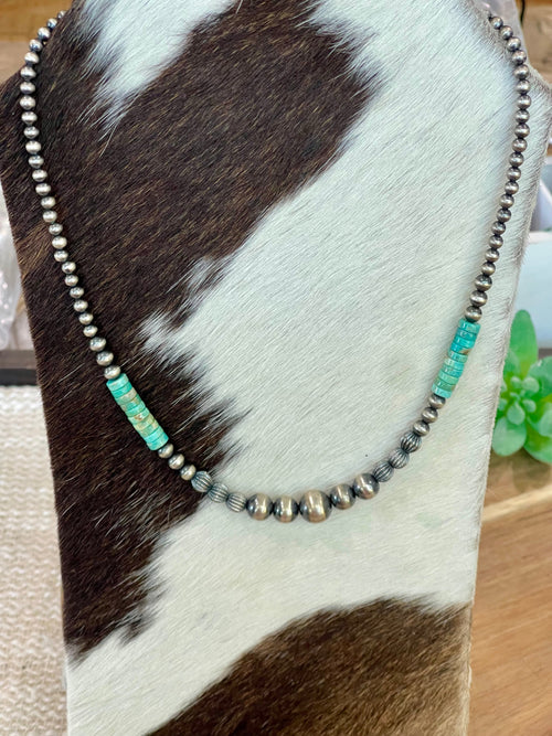 Handmade Sterling Silver with Kingman Turquoise Beaded Necklace with Signed Nizhoni