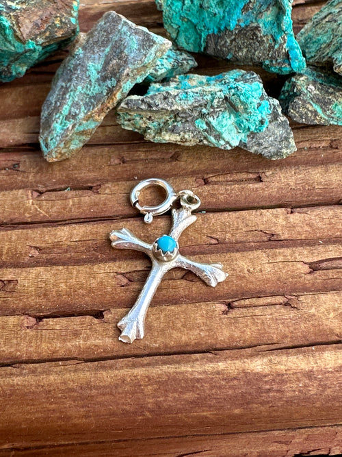 Navajo Crafted Sterling Silver and Turquoise Hand Stamped Cross Charm