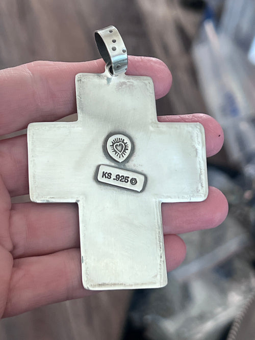 Hand Stamped Sterling Silver & Turquoise Cross Pendant by Kimari Somers