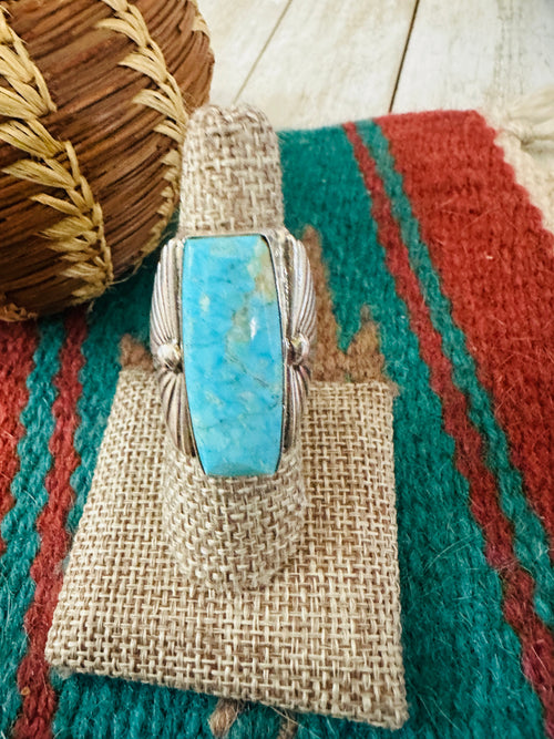 Old Pawn Handcrafted Turquoise & Sterling Silver Ring Size 9