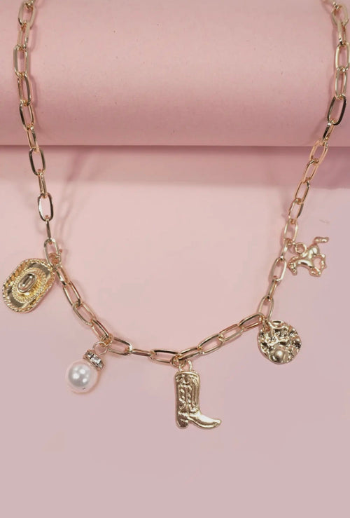 “The Golden Collection” Handmade 14k Gold Plated Western Pearl Charm Necklace