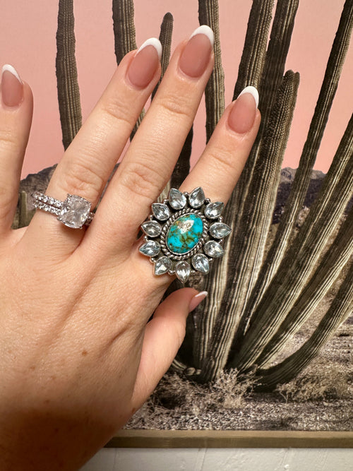 Beautiful Handmade Sonoran Mountain Turquoise , CZ And Sterling Silver Adjustable Ring