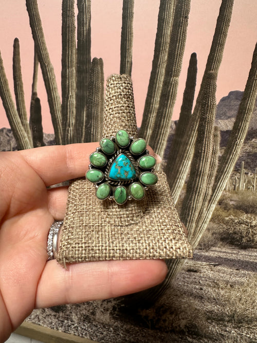 Beautiful Handmade Sonoran Turquoise, Turquoise And Sterling Silver Adjustable Triangle Ring