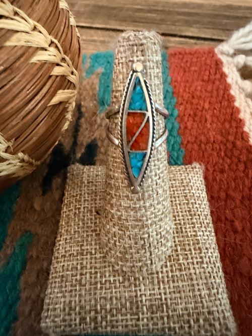 Old Pawn Handcrafted Turquoise, Coral & Sterling Silver Chip Inlay Ring Size 5