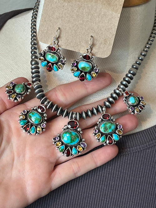 Navajo Made Sterling Silver Gems & Jewels Beaded Cluster Necklace and Earrings Set by Dianne Wylie
