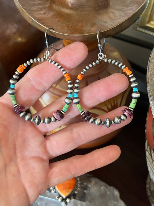 Navajo Made Electric Rainbow 2 Inch Sterling Silver, Turquoise & Spiny Oyster Beaded Hoop Earrings, Leverback