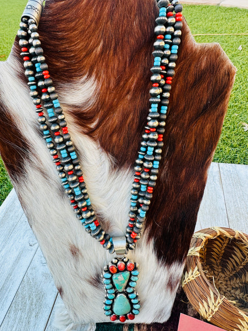 Handcrafted Old Pawn Turquoise, Spiny Oyster & Sterling Silver Beaded Necklace and Earring Set, Signed J