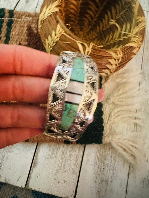 Old Pawn Navajo Turquoise, Mother of Pearl & Sterling Silver Inlay Cuff Bracelet
