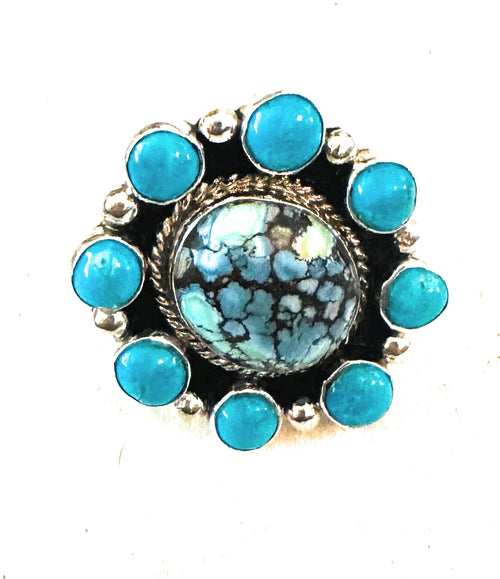 Navajo Sterling Silver & Turquoise Cluster Adjustable Ring