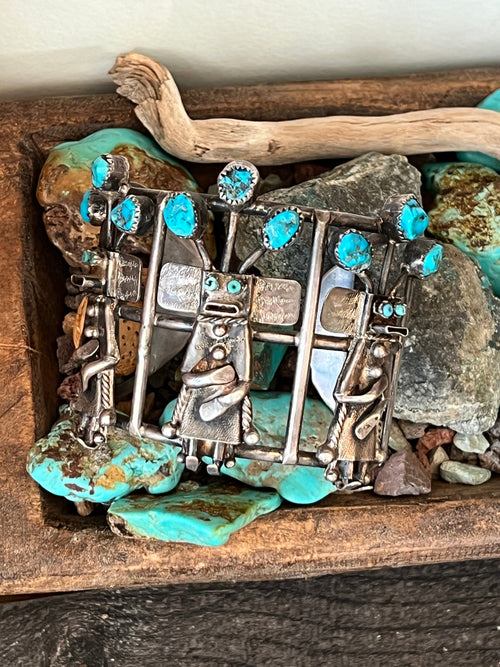 Amazing One of a Kind Antique Sterling Silver and Turquoise Yei Bi Chei Cuff Bracelet