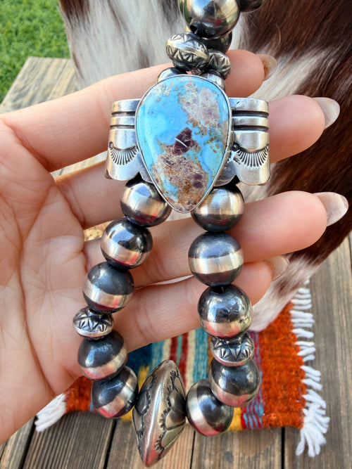 Handcrafted Turquoise & Sterling Silver Beaded Double Sided Jacla Necklace