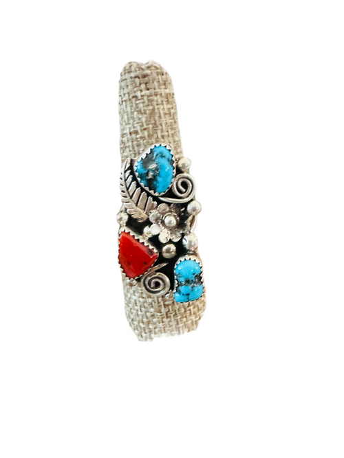 Old Pawn Navajo Sterling Silver, Turquoise & Coral Ring