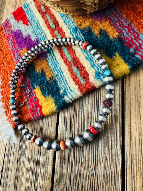 Handcrafted Turquoise, Spiny & Sterling Silver Beaded Wrap Choker Necklace