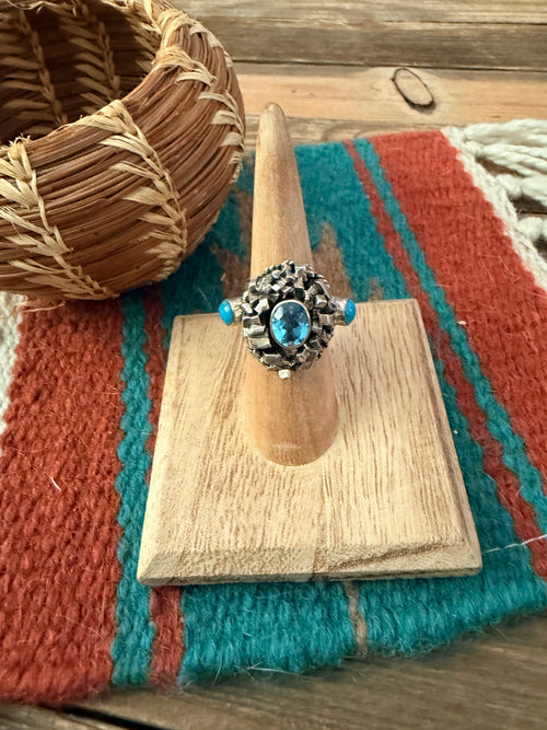 Old Pawn Handcrafted Topaz, Turquoise & Sterling Silver Ring Size 5.5