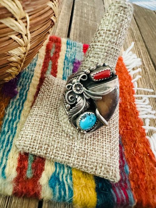Old Pawn Handcrafted Turquoise, Coral & Sterling Silver Ring Size 11.5