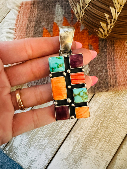 Navajo Electric Rainbow Turquoise, Spiny & Sterling Silver Cluster Pendant by Angela Martin