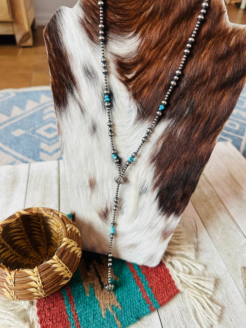 Handcrafted Turquoise & Sterling Silver Pearl 6mm Beaded Lariat Necklace 20"