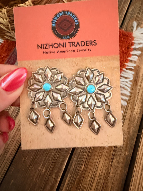 Handcrafted Old Pawn Turquoise and Sterling Silver Concho Dangle Earrings