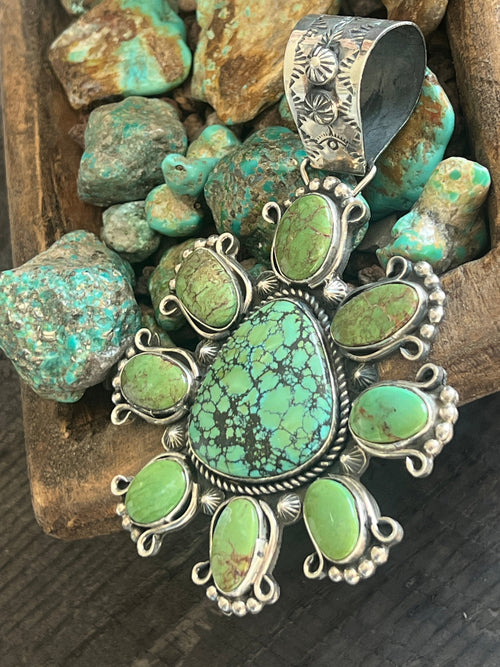 Apache Made Sterling Silver, Hubei & Egyptian Turquoise Cluster Pendant by Rosella Paxson