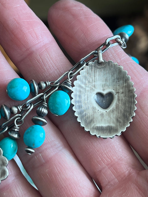 Raymond Coriz Handcrafted Sterling Silver Concho & Sonoran Turquoise Beaded Charm Bracelet