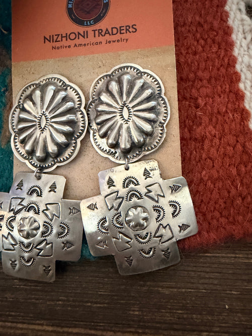 Handcrafted Old Pawn Sterling Silver Concho Cross Dangle Earrings