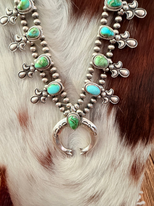 Handcrafted Sonoran Mountain Turquoise & Sterling Silver Beaded Squash Blossom Necklace by Adrienne Gordon