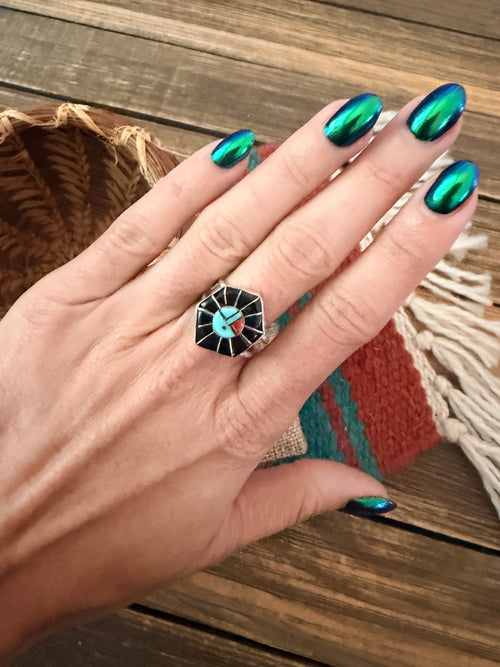Old Pawn Handcrafted Turquoise, Onyx, Coral & Sterling Silver Inlay Sun Face Ring Size 8