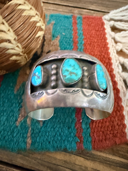 Handcrafted Old Pawn Sterling Silver & Multi Turquoise Shadowbox Cuff Bracelet
